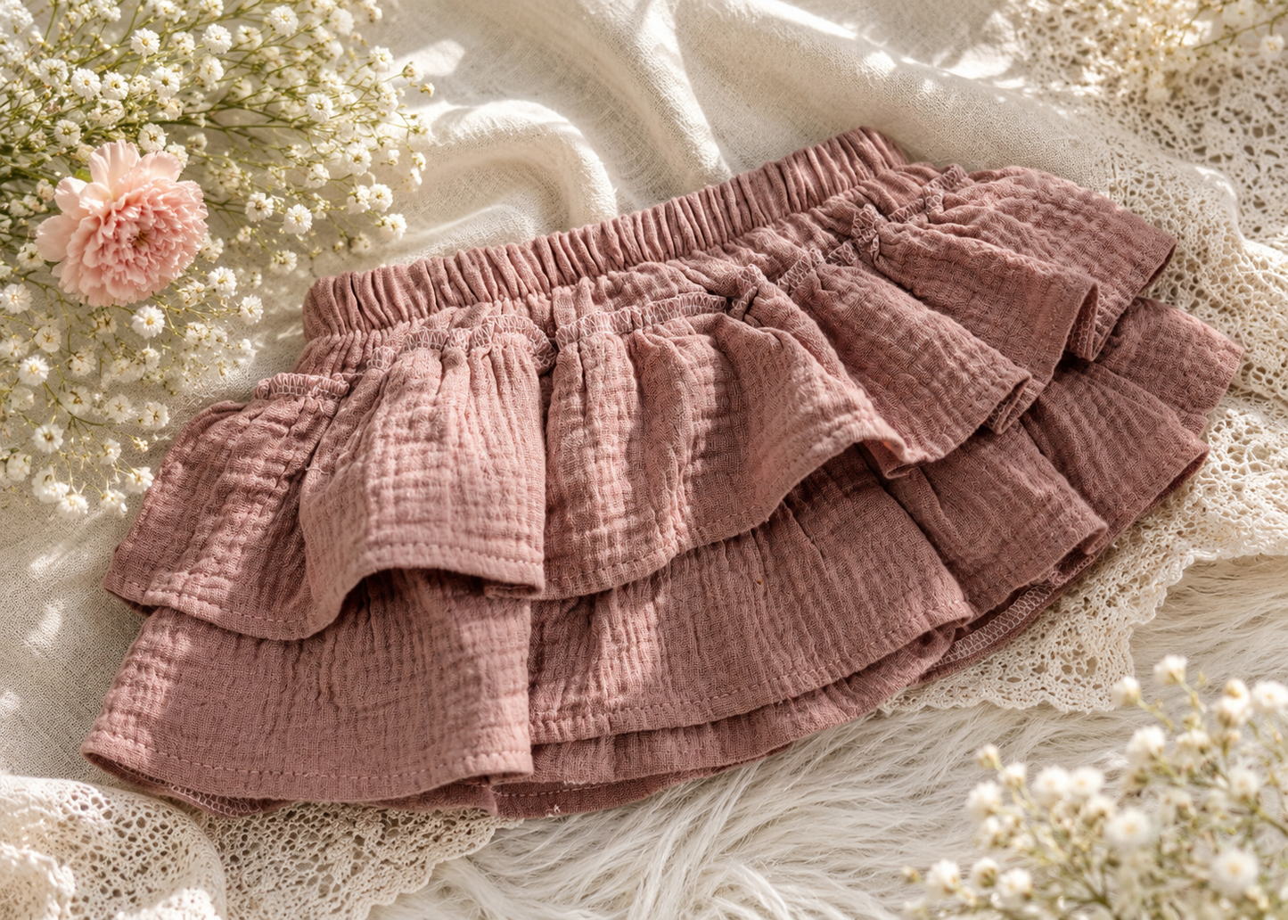 Muślinowa spódniczka bloomers dziewczęca z falbanami – pudrowy róż | Little Atelier
