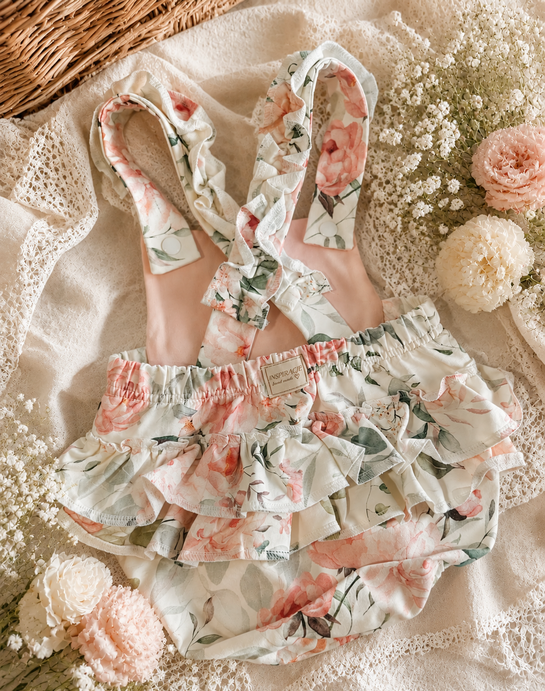 Rampers niemowlęcy z falbankami „Peony Garden” | Little Atelier