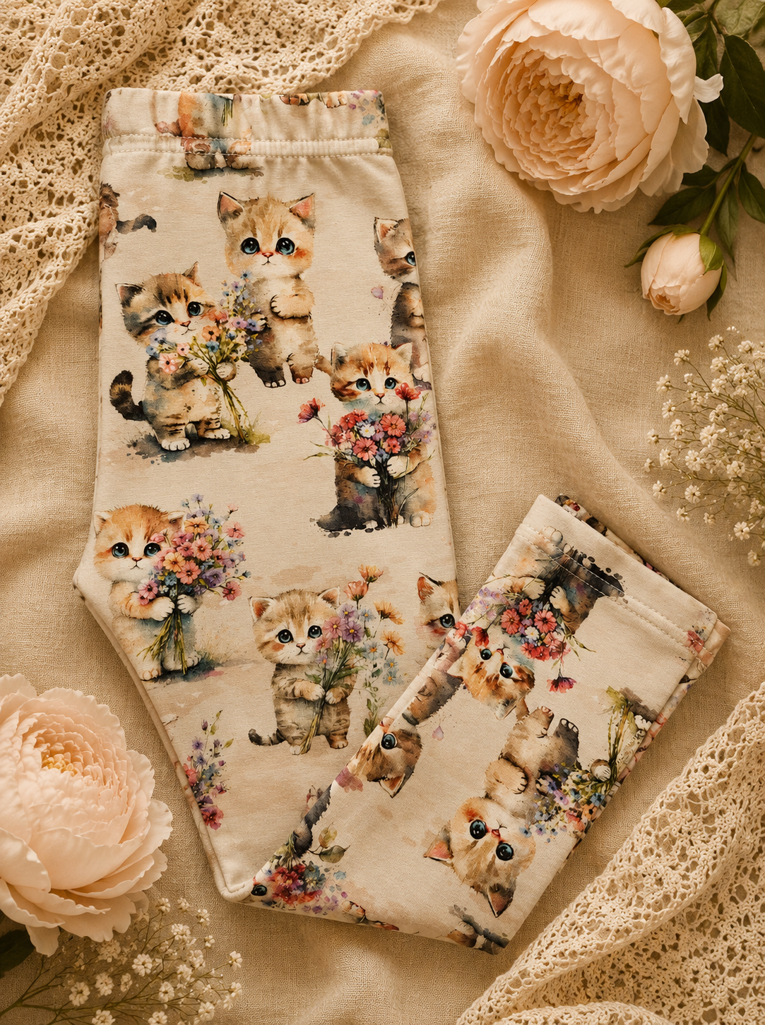 Legginsy dziecięce Premium – Kociaki z Bukietami