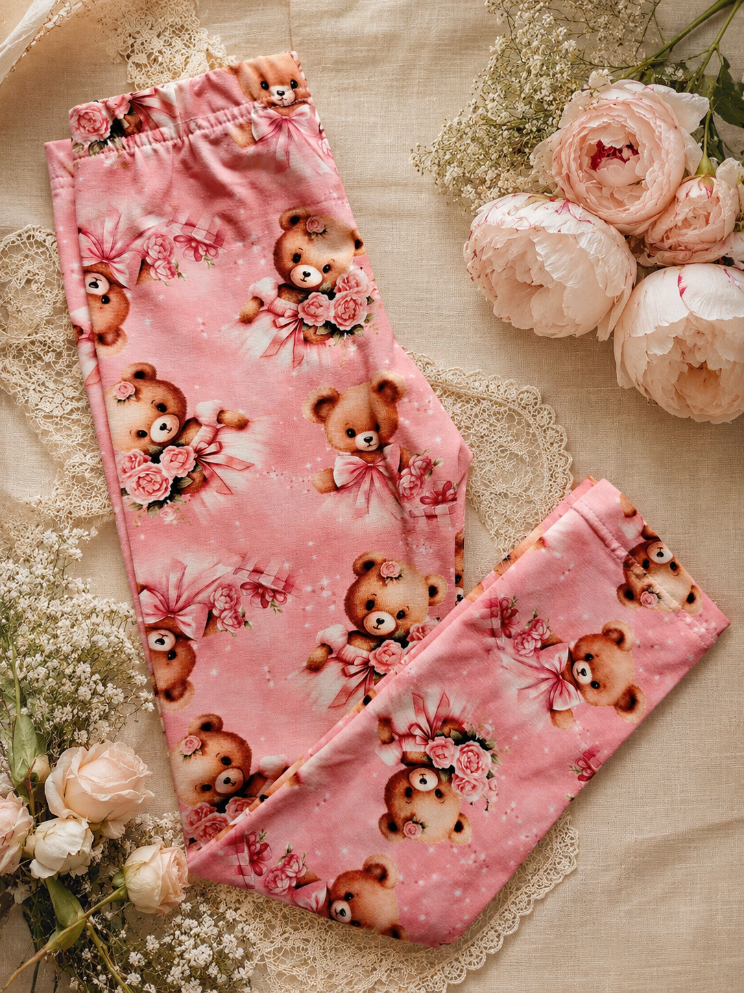 Legginsy dziecięce Premium – Różowe Misie