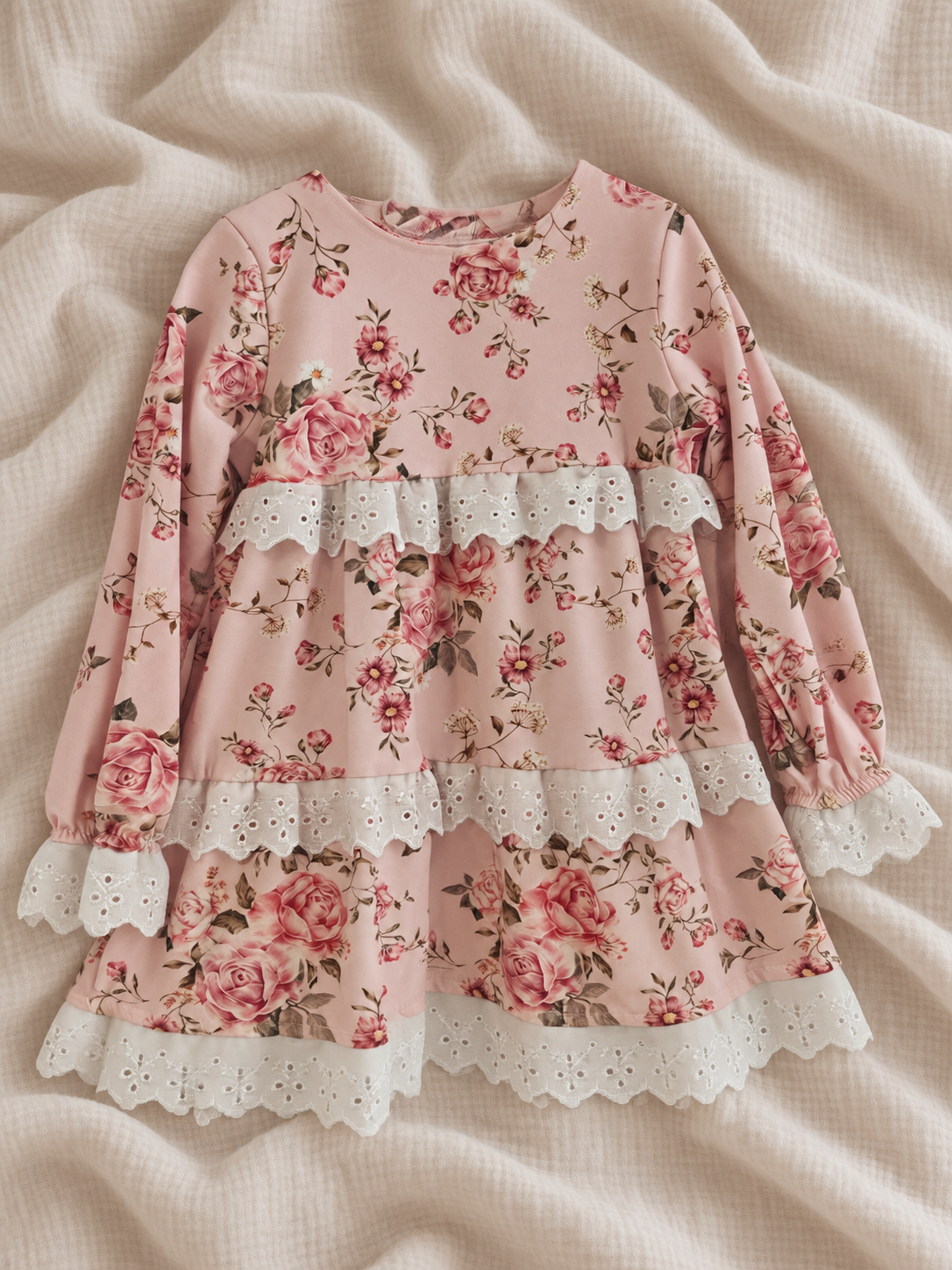 Różowa sukienka w kwiaty z koronką – Little Atelier Premium