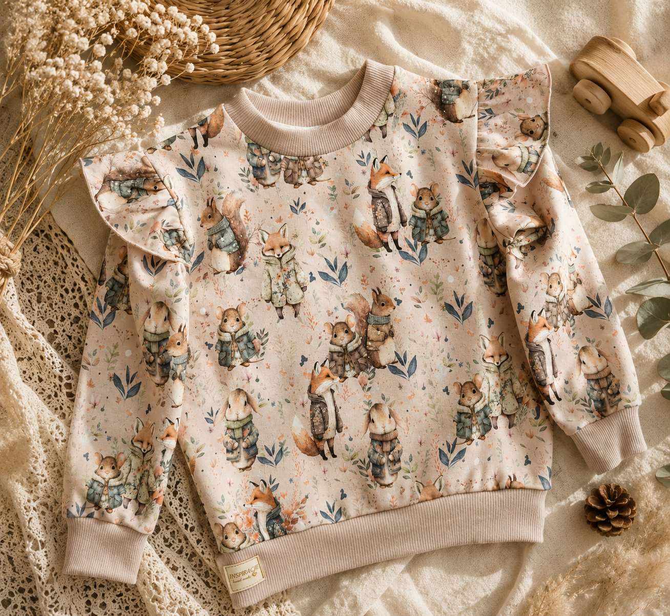 Bluza dziecięca „Leśni Przyjaciele” z falbankami – bluza premium dla dziewczynki | Little Atelier