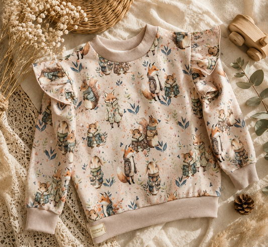 Bluza dziecięca „Leśni Przyjaciele” z falbankami – bluza premium dla dziewczynki | Little Atelier