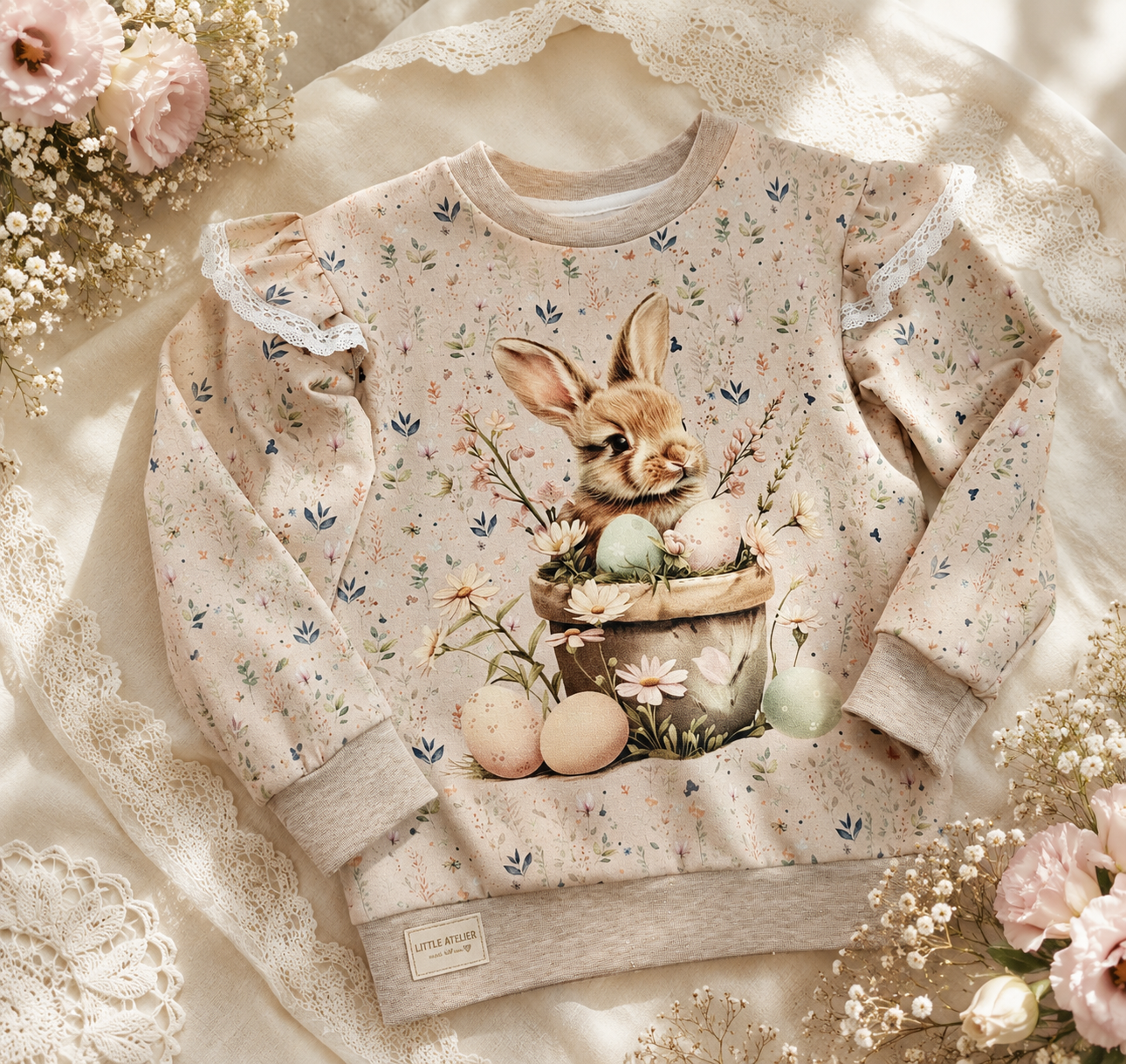 Bluza dziecięca „Wielkanocny Króliczek w Koszyczku” – bluza premium dla dziewczynki | Little Atelier