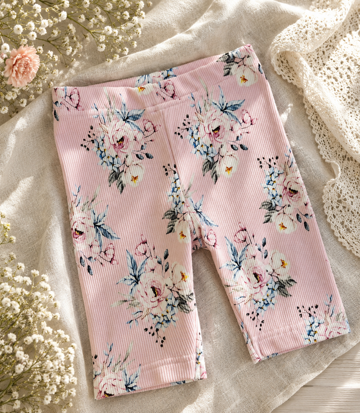 Legginsy kolarki dziewczęce prążkowane w kwiaty – różowe | Little Atelier