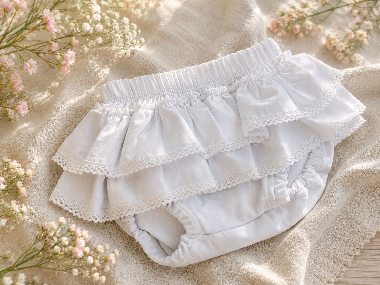 Bloomers niemowlęce z falbankami białe | Little Atelier