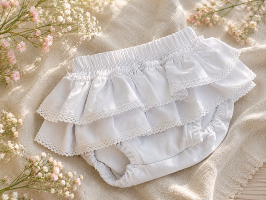 Bloomers niemowlęce z falbankami białe | Little Atelier