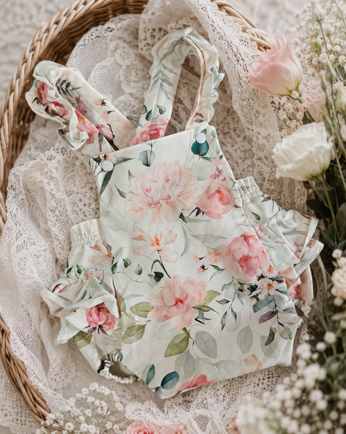 Rampers niemowlęcy z falbankami „Peony Garden” | Little Atelier
