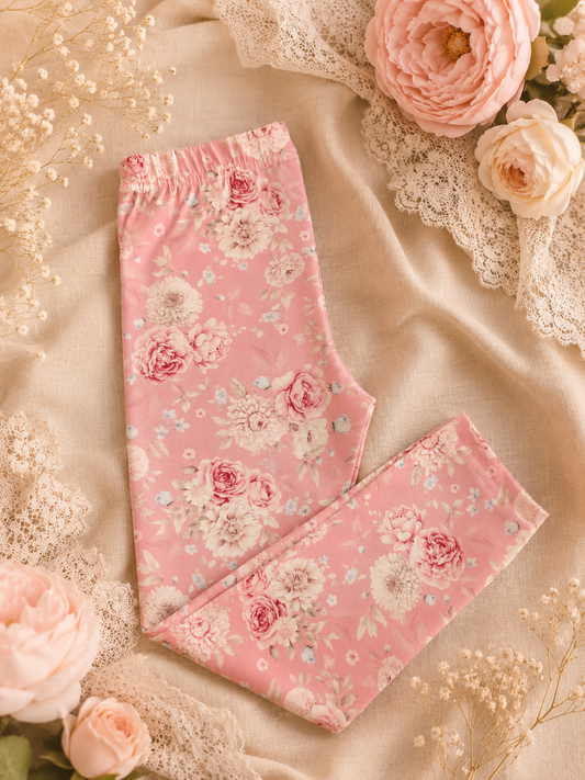 Legginsy dziecięce w kwiaty pudrowy róż – odzież dziecięca premium ZZ