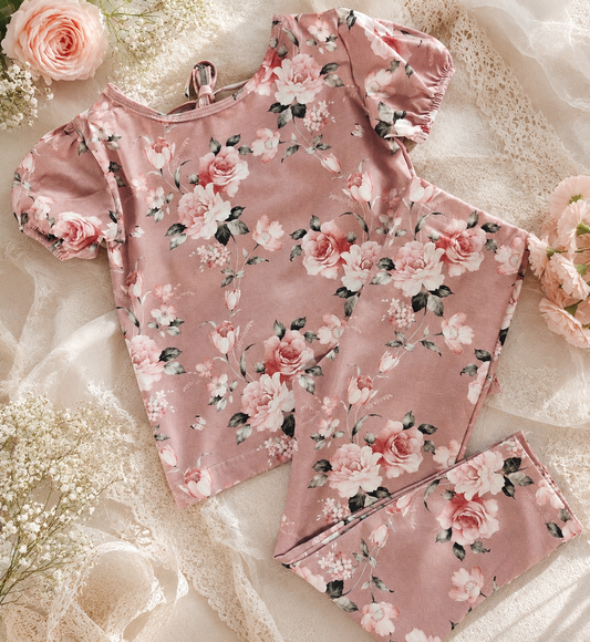 Komplet dziecięcy „Vintage Rose” – bluzeczka, legginsy i kolarki