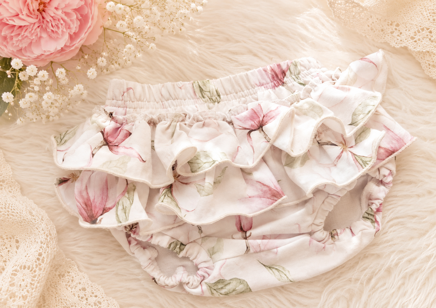 Bloomersy dziewczęce „Magnolia Blossom” – z falbankami