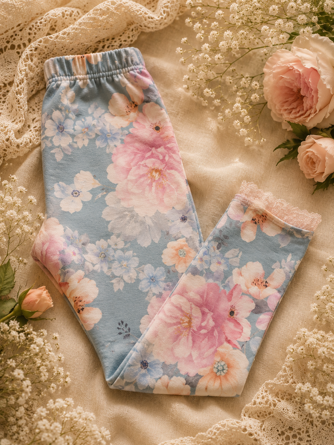 Legginsy dziecięce Premium – Pastelowy Ogród - WERSJA BARDZO SZCZUPŁA