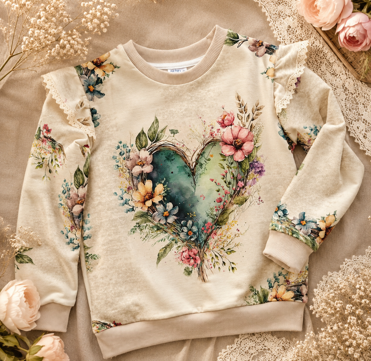 Bluza dziewczęca z falbankami i kwiatowym sercem – odzież dziecięca premium szyta w Polsce | Little Atelier