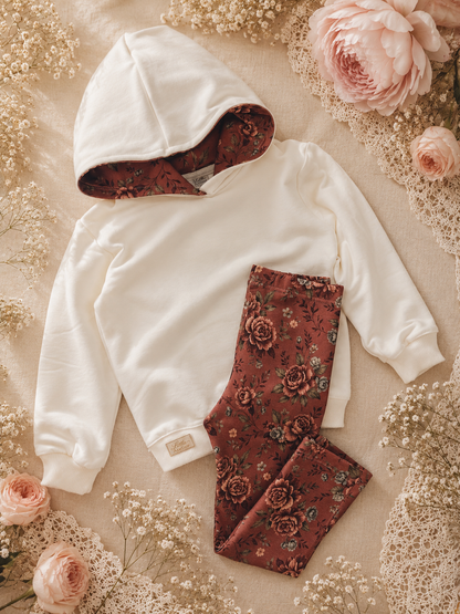 Komplet dziecięcy „Kremowa Bluza z Kapturem &amp; Legginsy Vintage Rose” – odzież dziecięca premium | Little Atelier ZZ