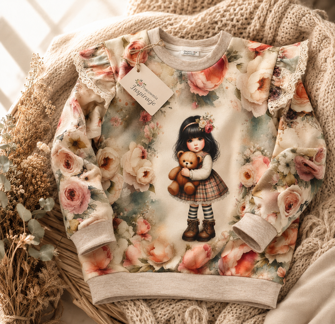 Bluza dziewczęca w kwiaty z laleczką – Pracownia Inspiracje